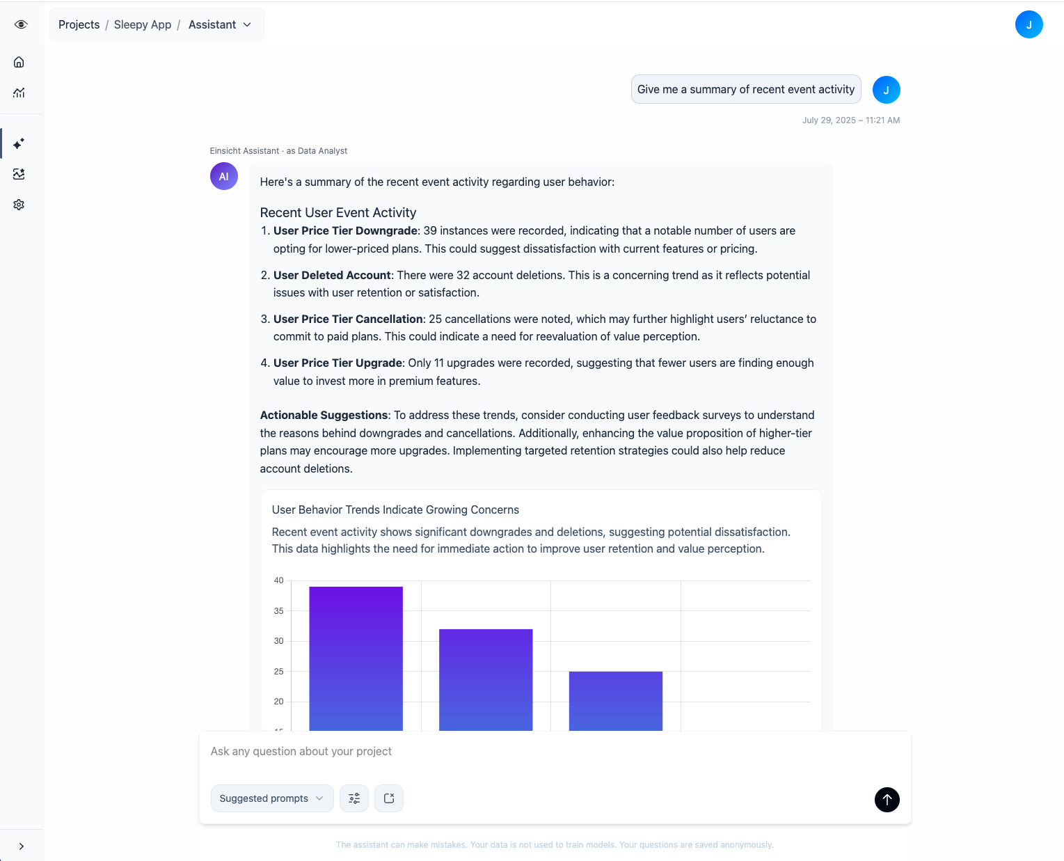 Einsicht AI dashboard showing natural language query interface and AI-generated product insights